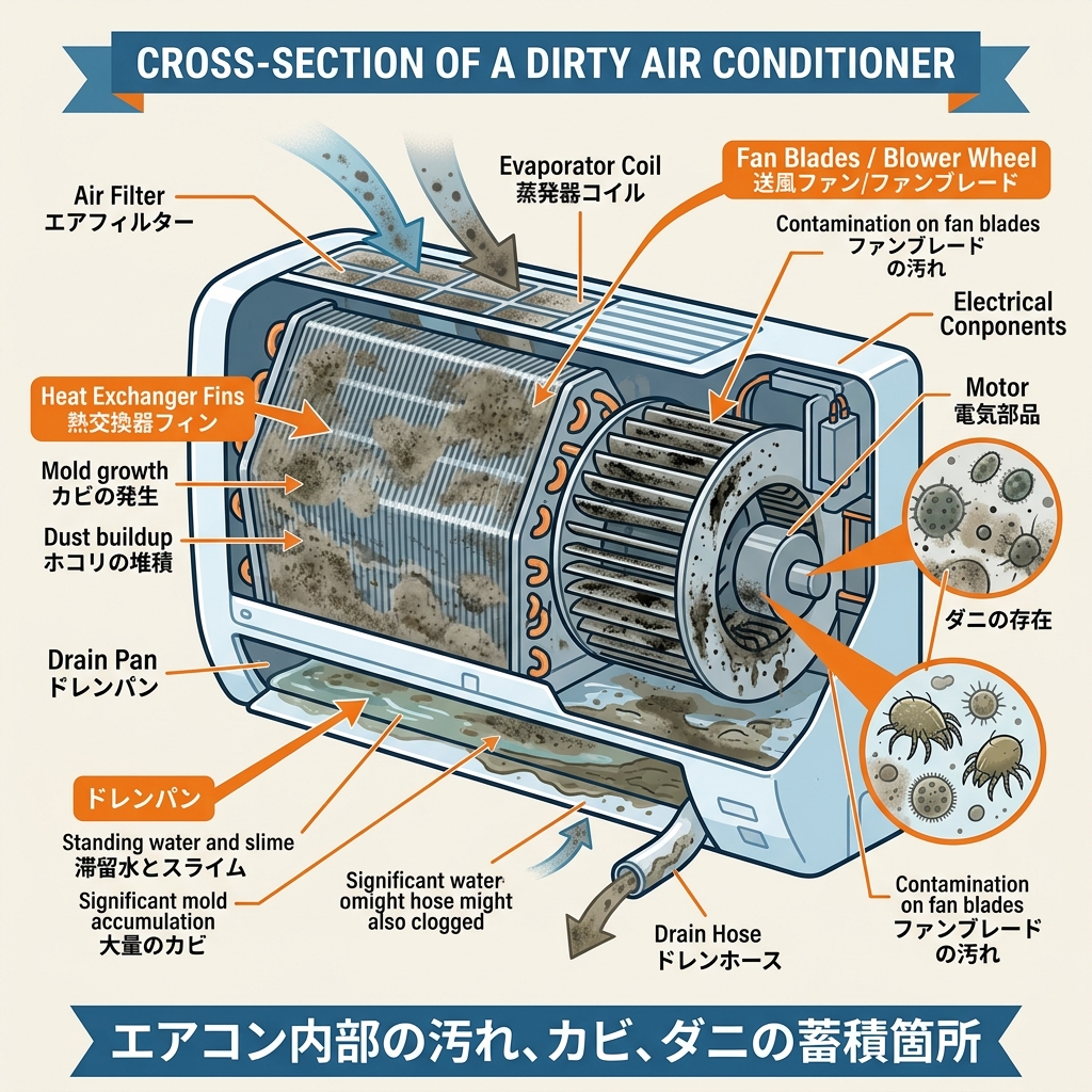 エアコン内部の汚れが溜まる箇所