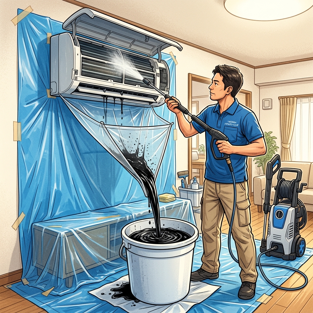 プロのエアコンクリーニング作業